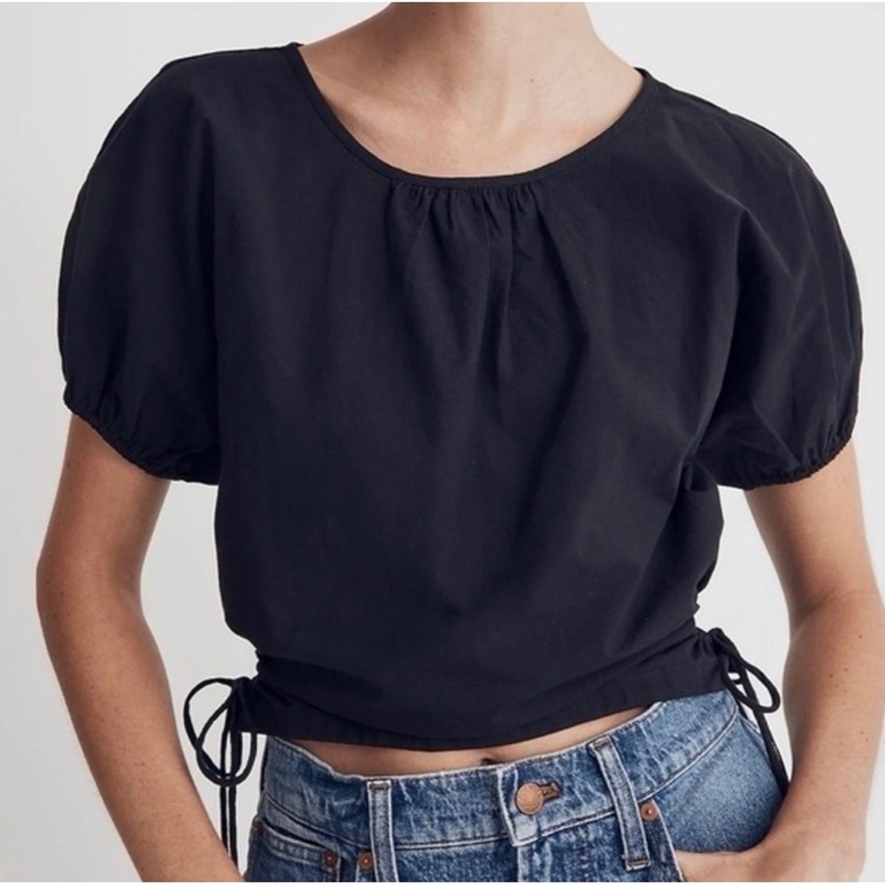 Madewell Black Cotton Poplin Puff Sleeve Side Cut-Out Drawstring Top Women's XS